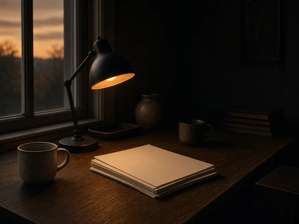 Photograph of a desk by the window in the evening with a warm lamp, mugs and papers