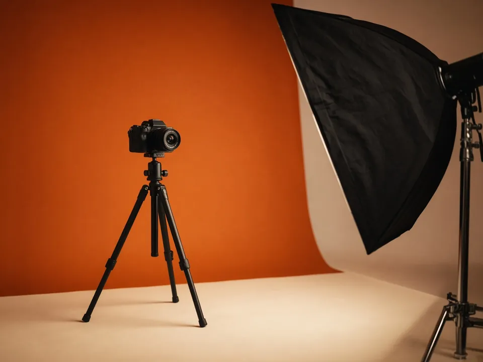 Photograph of a camera on a tripod with a softbox in front of an orange backdrop