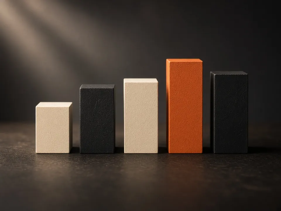 Photograph of five blocks of rising height like a bar chart, the tallest in orange