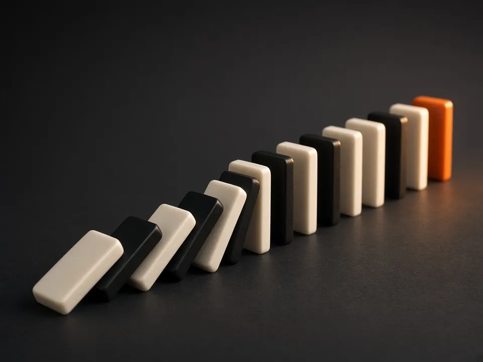 Photograph of dominoes falling in a row, one of them orange