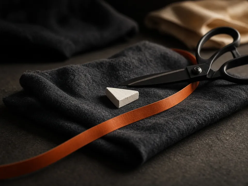 Photograph of an orange measuring tape, tailor's chalk and shears on dark wool