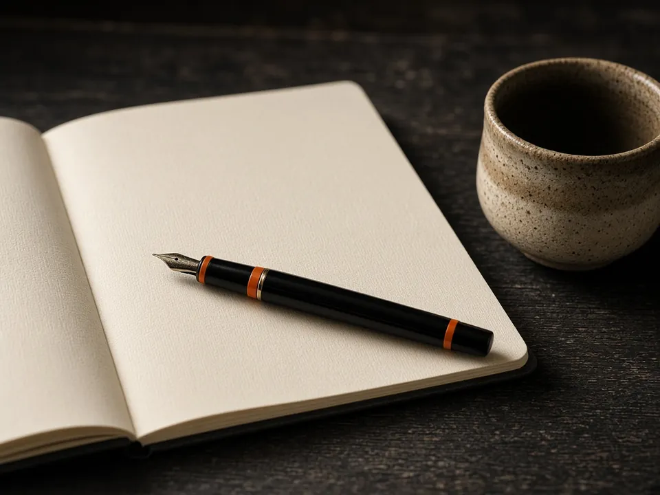 Photograph of a fountain pen on a blank cream notebook next to a ceramic cup