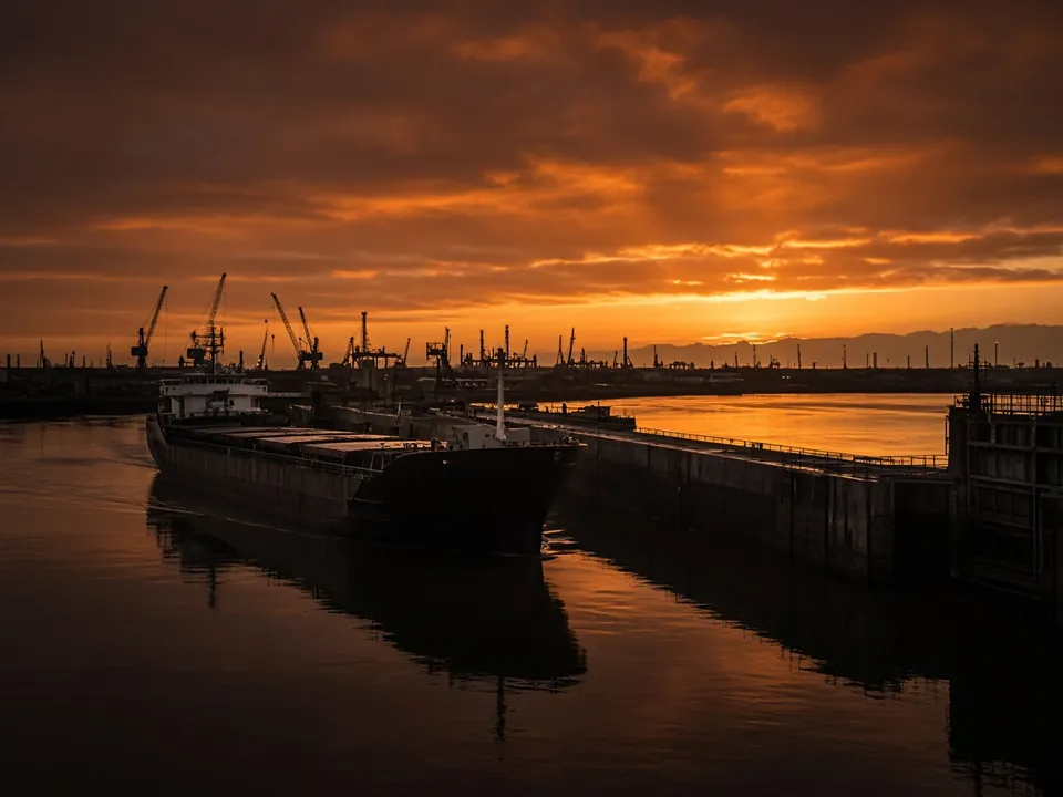 Photograph of the harbour and lock at Terneuzen with a cargo ship at sunset