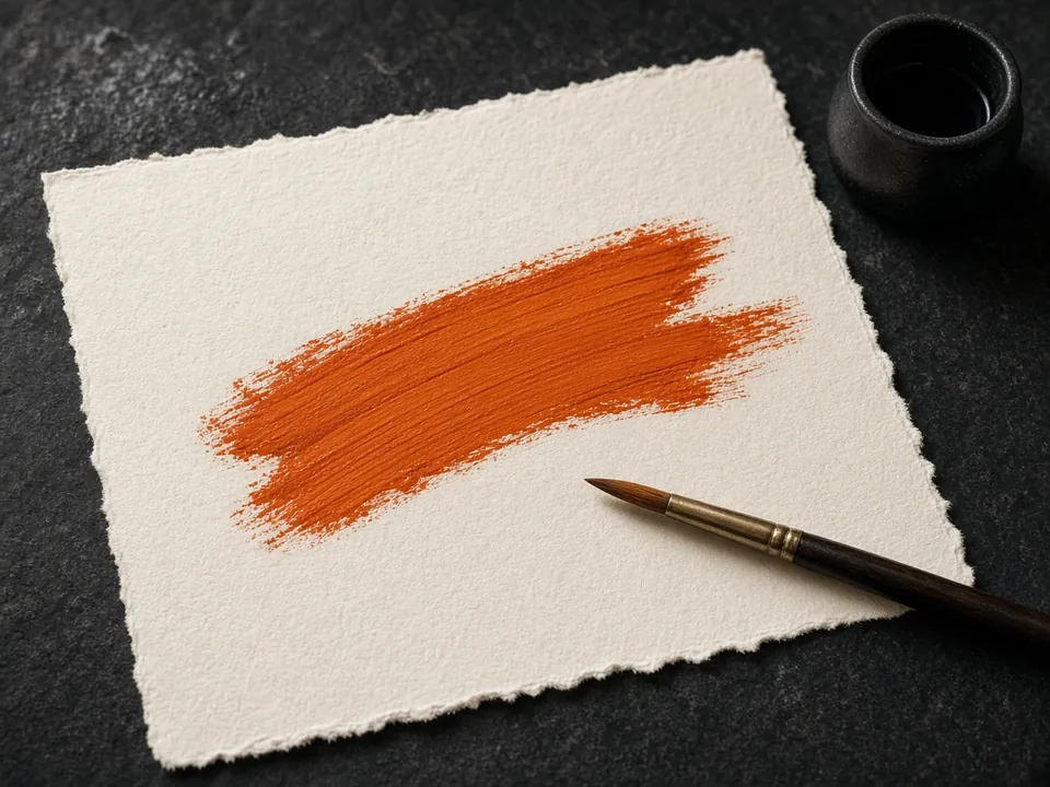 Photograph of an orange brushstroke on cream paper with a brush and ink pot
