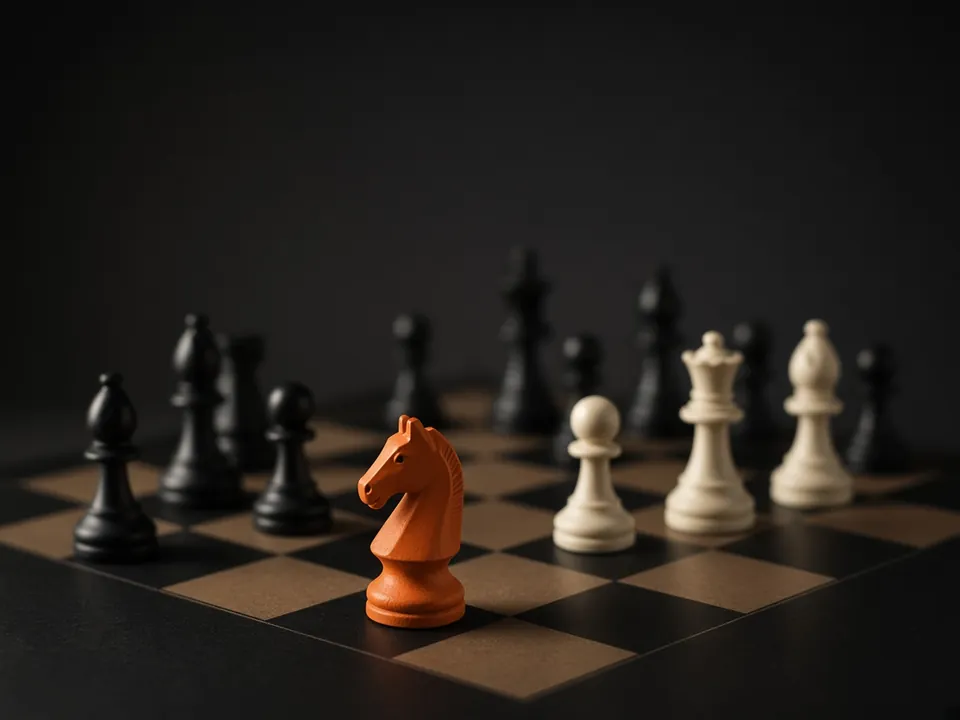 Photograph of a chessboard with an orange knight at the centre