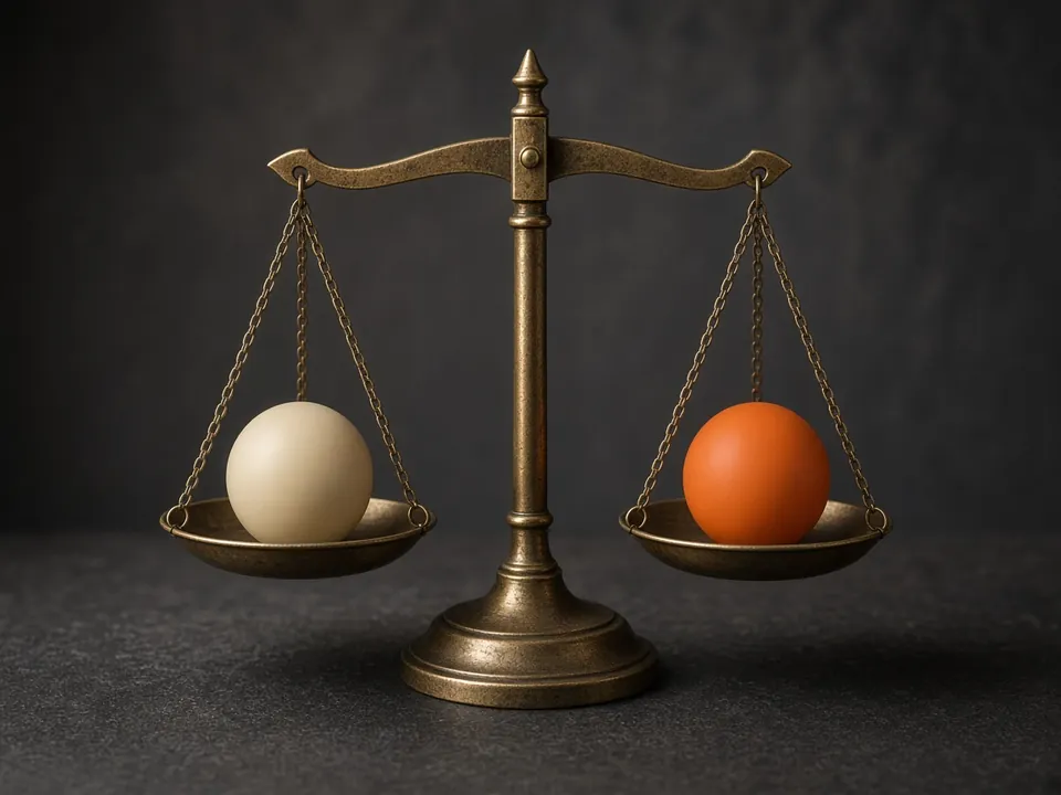 Photograph of a balance scale with a cream and an orange sphere in balance