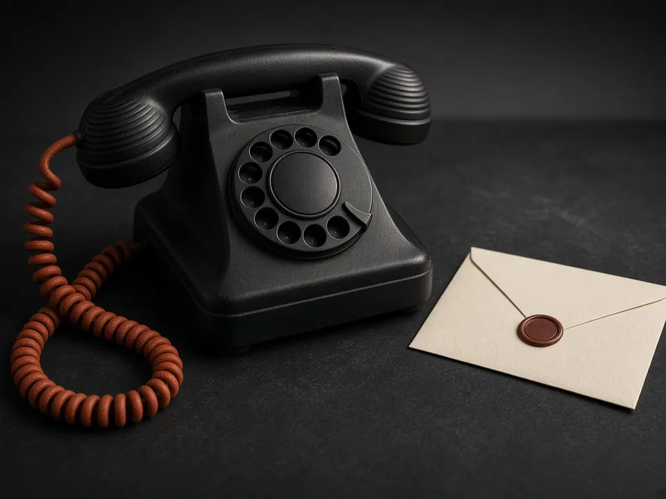 Photograph of a black telephone with an orange cord next to a cream envelope