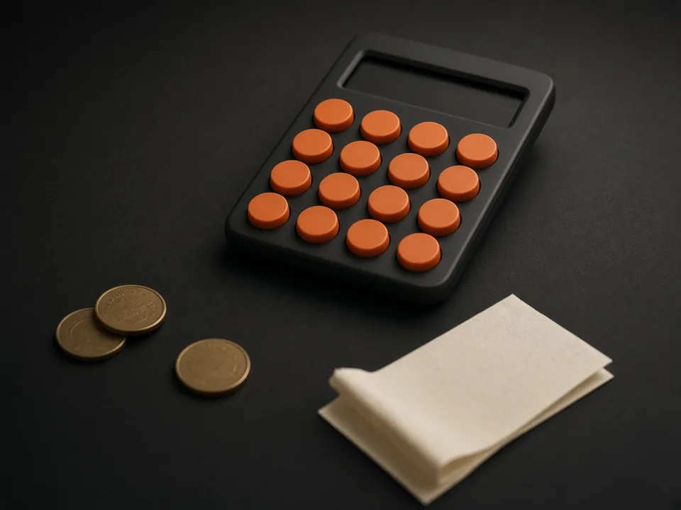 Photograph of a calculator with orange keys, coins and a folded receipt