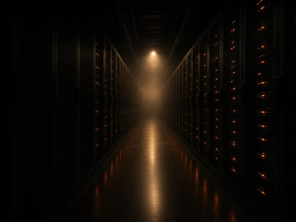 Photograph of a dark server room with rows of servers and orange lights