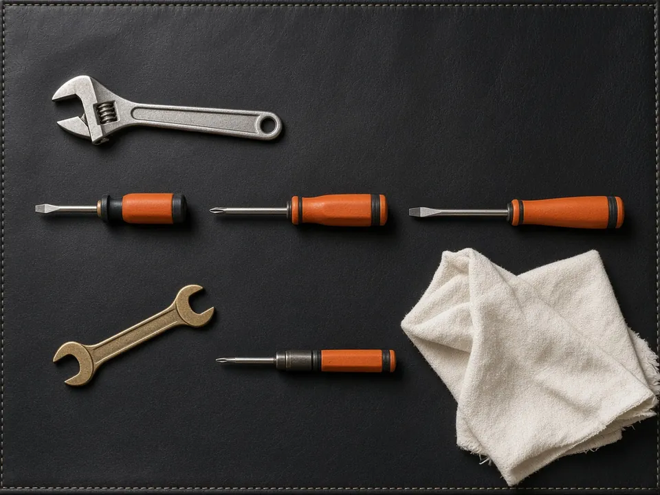 Photograph of tools with orange handles laid out on a dark mat