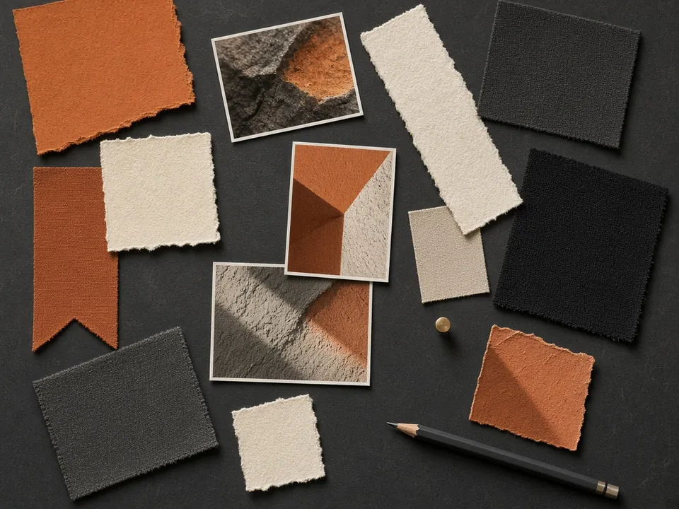 Photograph of colour swatches in orange, cream and black on a dark surface