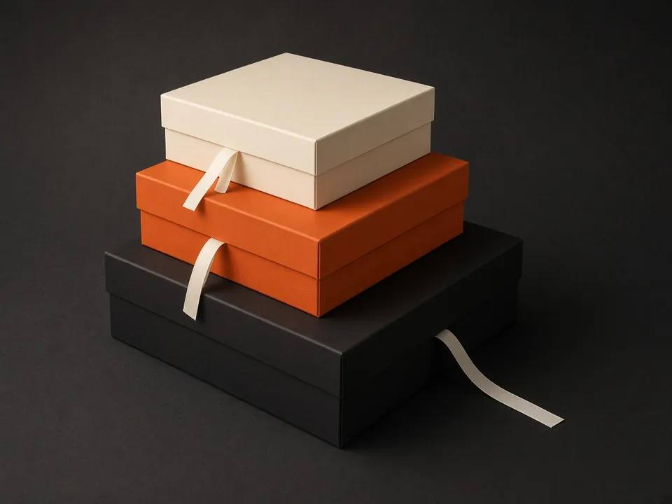 Photograph of three stacked boxes in cream, orange and black with ribbons
