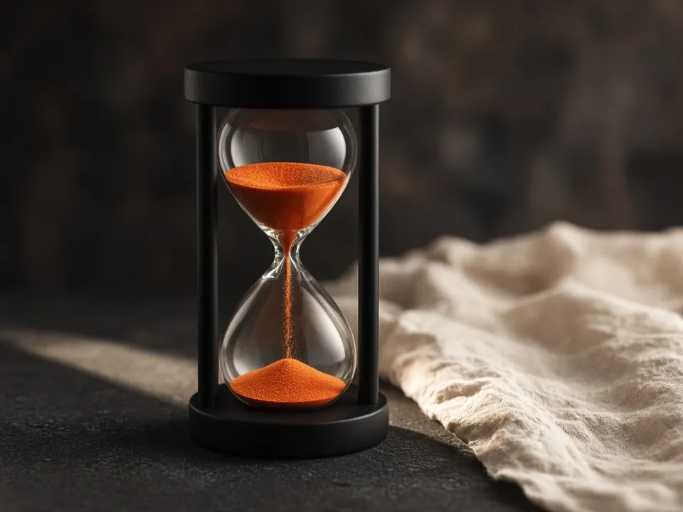 Photograph of an hourglass with orange sand on a dark surface