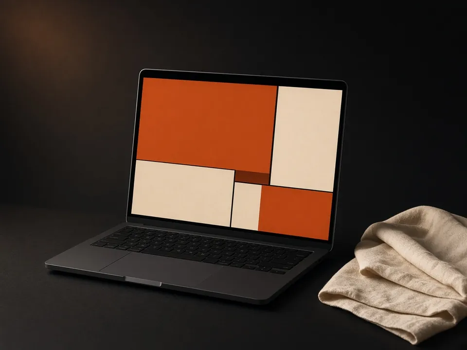 Photograph of a laptop showing orange and cream blocks on screen, on a dark desk